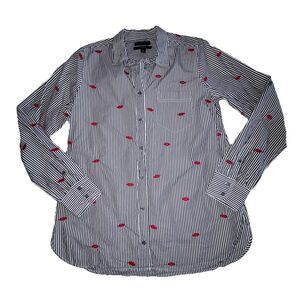 J Crew Red Embroidered Kiss Lips Classic Fit Black & White Striped Shirt  Size 6